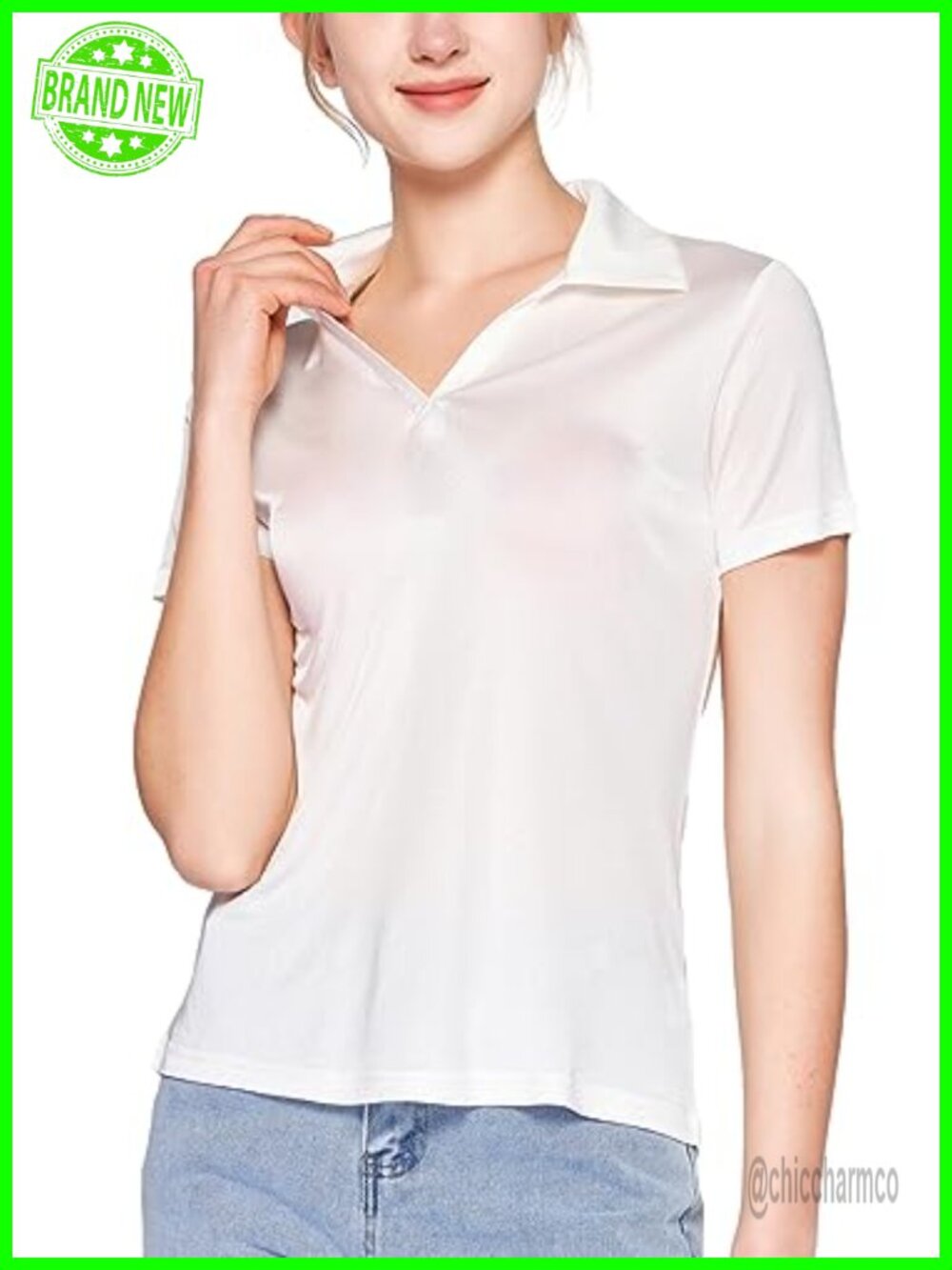 Silk Polo Shirt Collar V Neck Short Sleeve Golf Top Business Casual Blouse